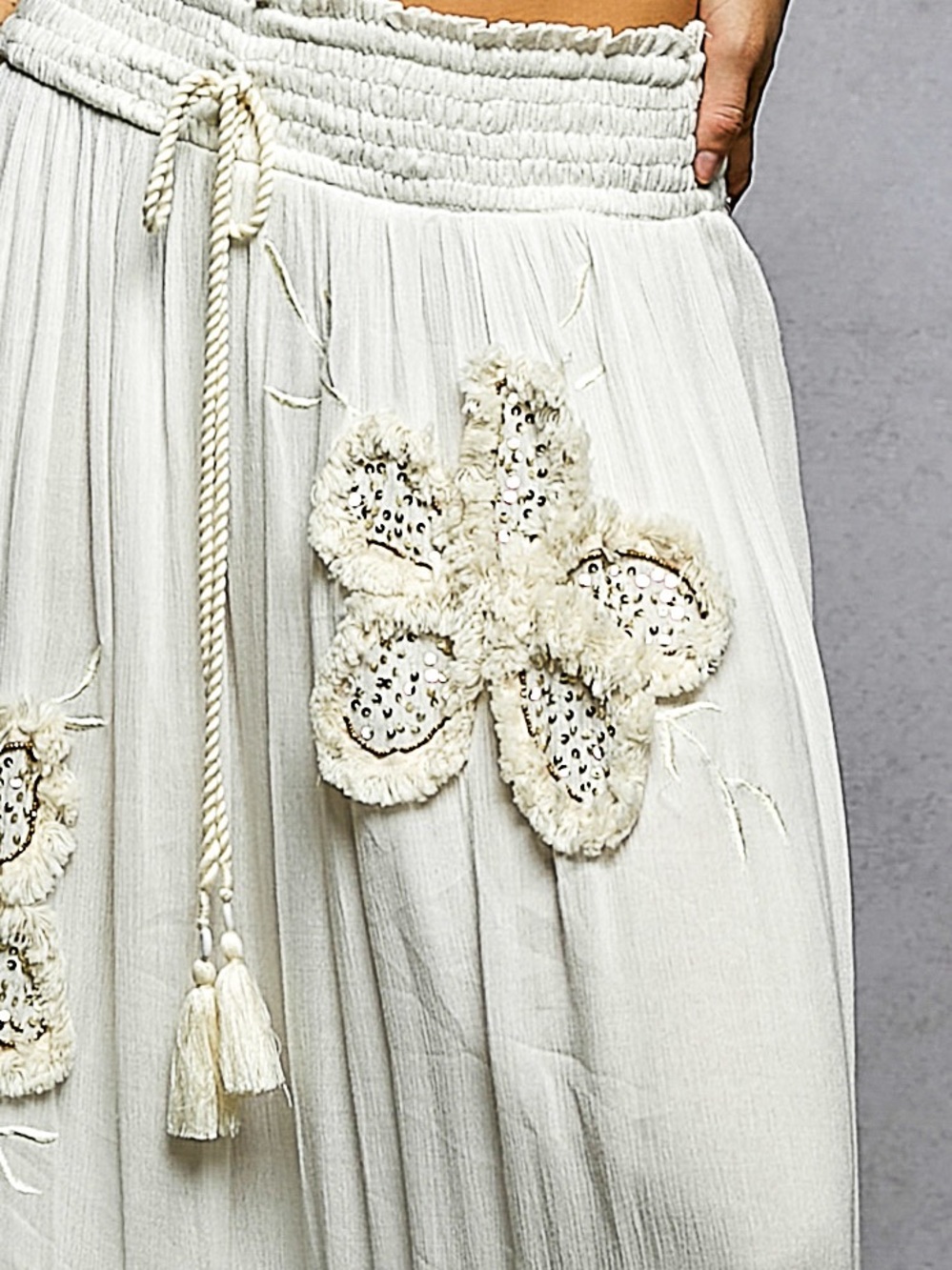 P01. POL Cream Boho Maxi Skirt with Crochet Floral Appliqués - Picture 2 of 2